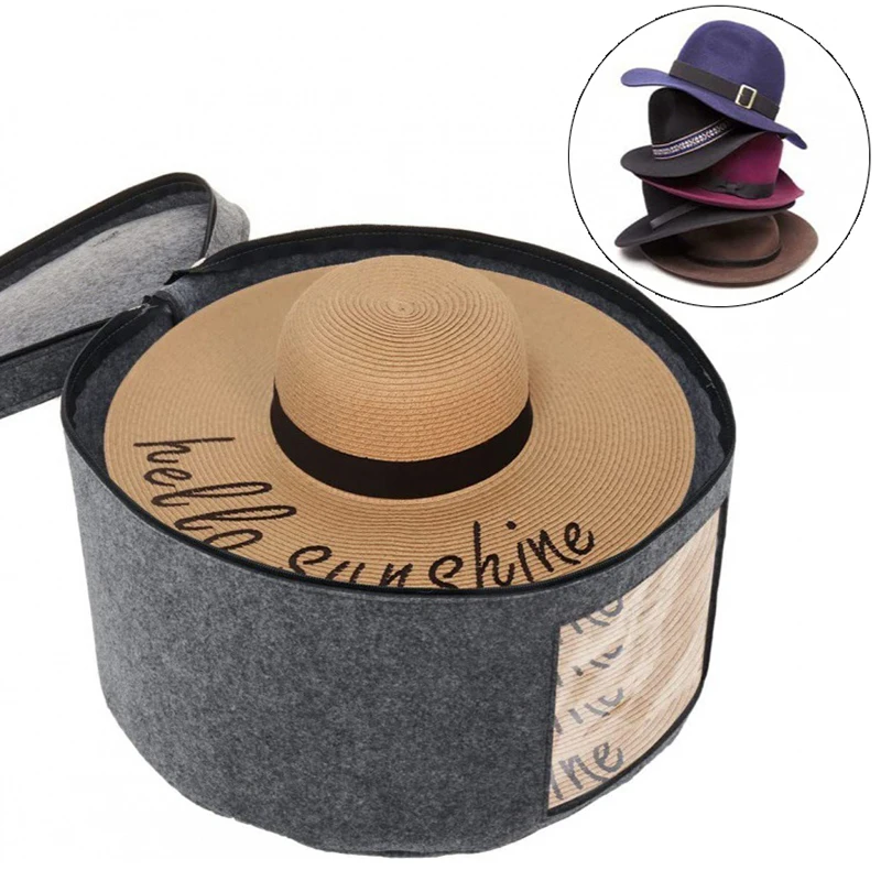 Hat Storage Box Dustproof Case Household Round Felt Storage Hats Bucket Clothes Organizers With Zippered Lid Travel Bags