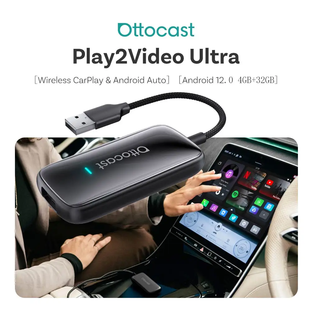 OTTOCAST Play2Video Ultra – Adattatore Wireless CarPlay E Android Auto Con Streaming Video E AI Box (4GB+32GB)