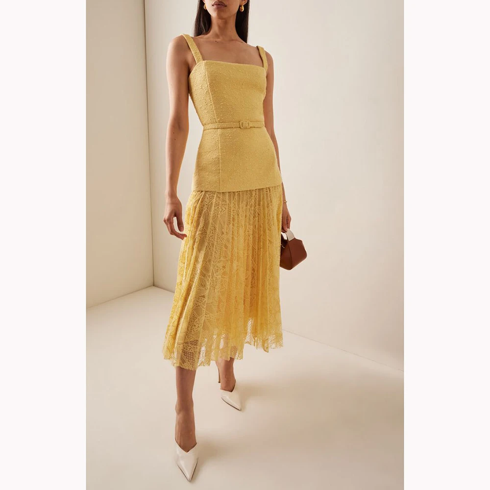 

Yellow Women's Sleeveless Dress Customized Lace Hanging Collar A-line Gown Chic Backless Evening Party Tiered Elegant Bright