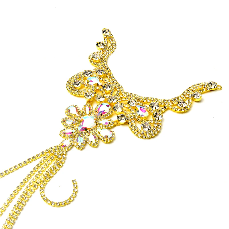 Rhinestone Tassel Epaulet Appliqué Gold Silver Color Crystal Sew-On Patch Garment Accessories Shiny Long Tassel Design