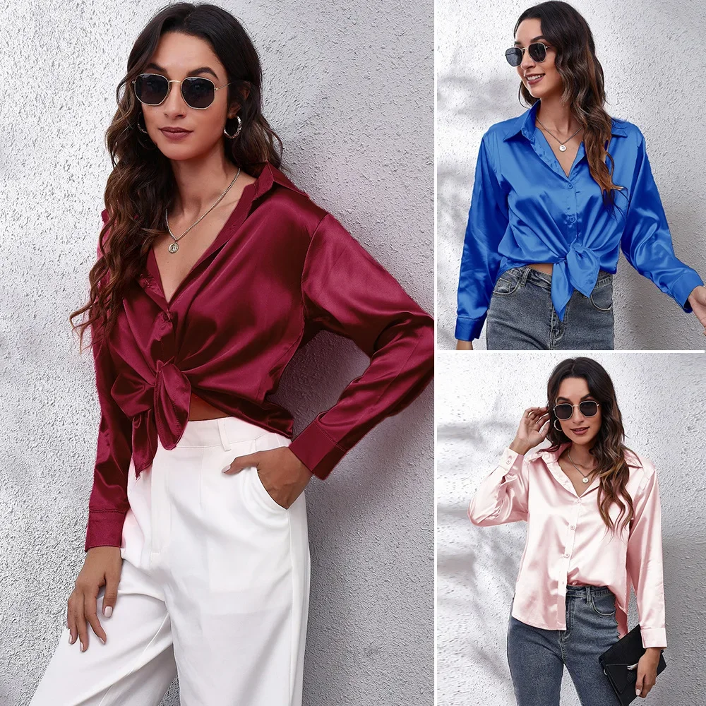

Long-sleeved Shirt Solid Color Women's Satin Imitation Silk Shirts Top Single Breasted Button Summer Fashion