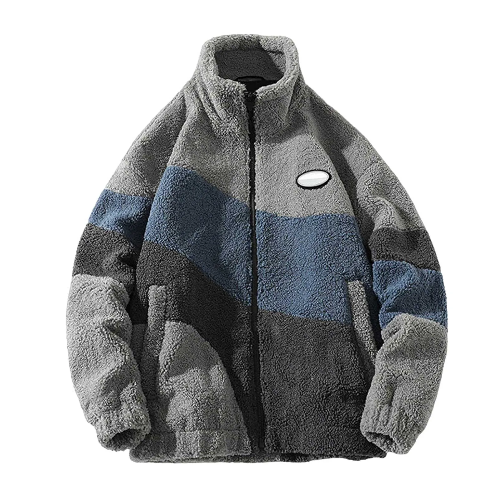 Men Winter Fleece Jackets Fashion Lambswool Contrast Color Coat Stand Collar Streetwear Loose Coat Vintage Warm Thick Outwear