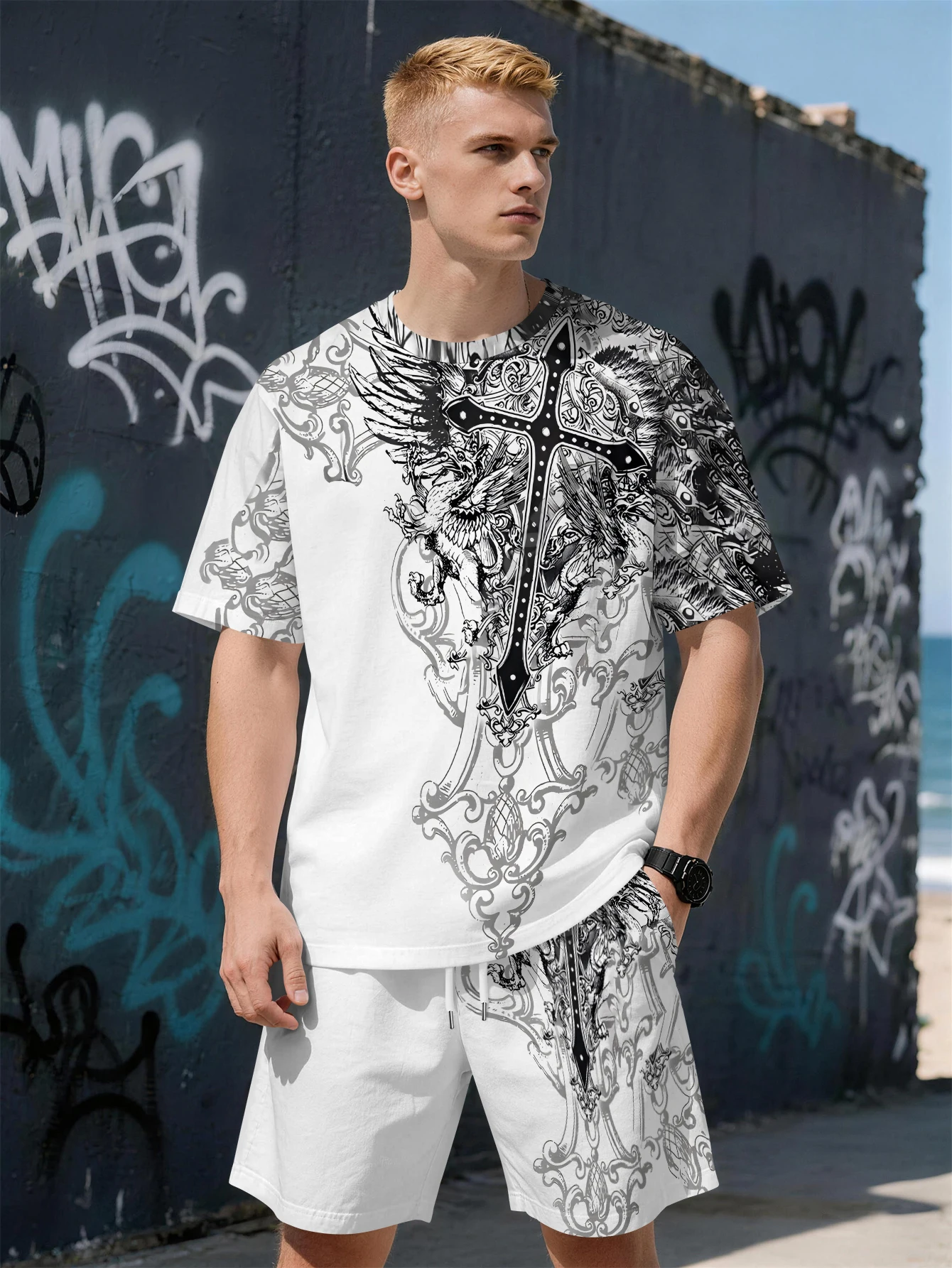 

2026 Summer New Men's Short-Sleeved Set with 3D Trendy Brand Pattern Printing Fashionable Street Style Comfortable and Soft