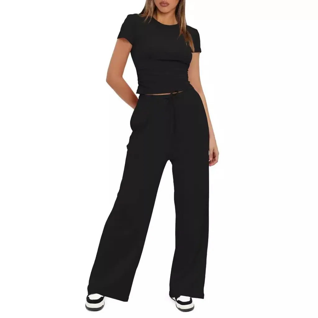 

New Solid Color Casual Suit Pleated Short Sleeve Top with High Waist Wide Leg Pants Sportswear Set for Women