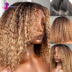 Peluca Afro rizada con raíces negras para mujeres negras, pelo humano rizado con malla Frontal, color rubio miel, 360