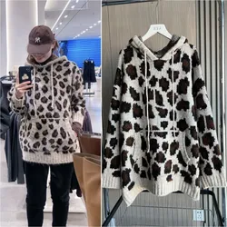 ETJ 2025 Autumn/Winter New women's oversized animal pattern jacquard long sleeve knit hoodie leopard print hoodie 2142195