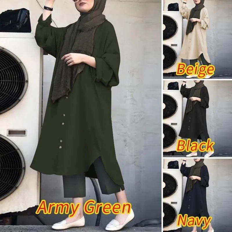 

Middle East Retro Spring and Autumn Long Sleeve Shirt Women's Plain Long Sleeve Button Shirt Muslim Robe