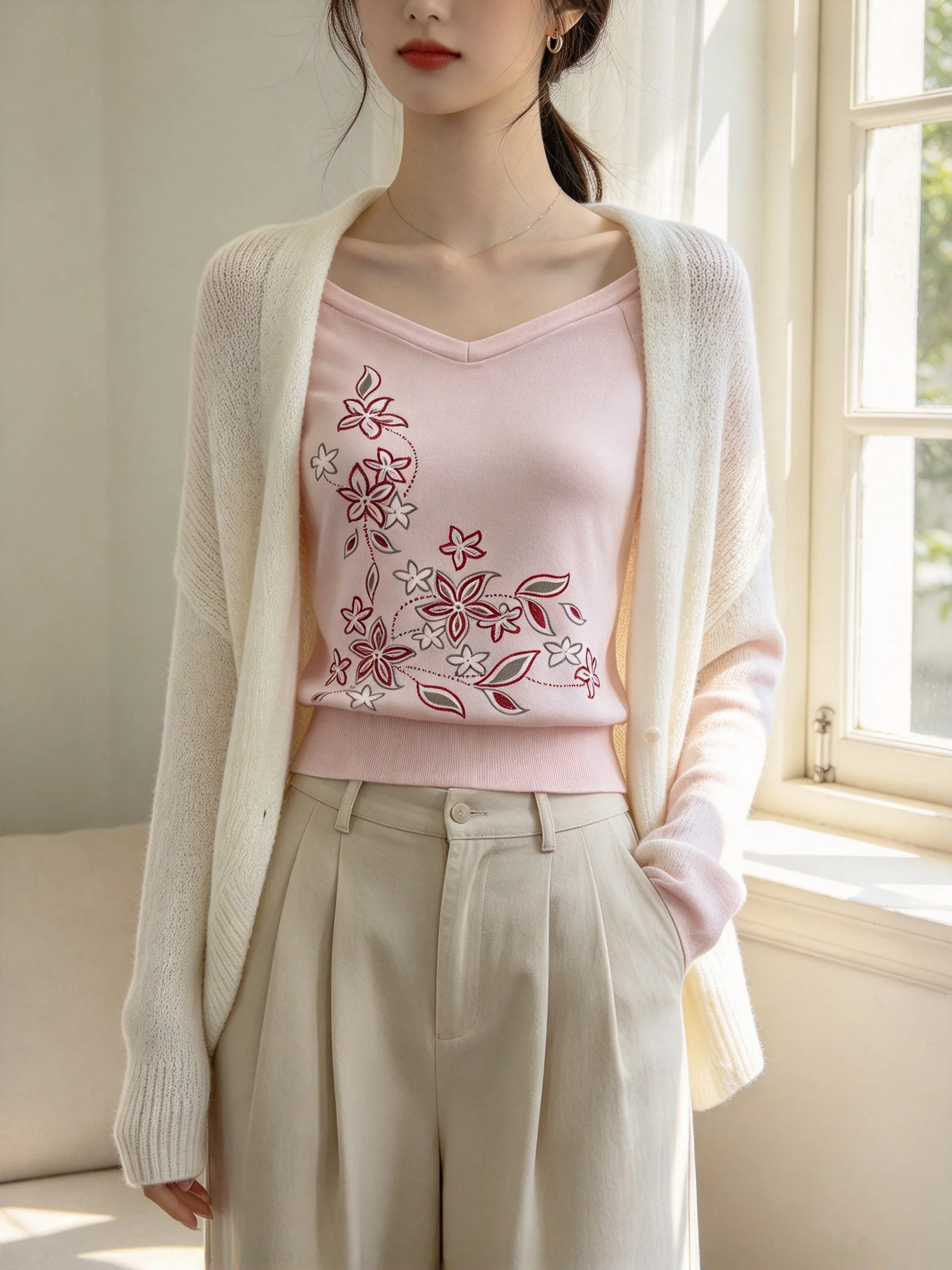 Pink Slim Fit T-Shirt Off-Shoulder Long-Sleeved Retro Floral Vine Print Gentle Style Base Top for Women