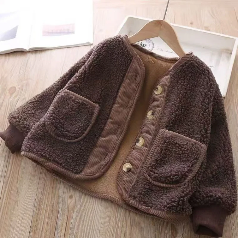 Fall Winter  Boys Clothes For Girls Cardigan Granular Velvet Loose Lamb Velvet Warm Children's Jacket Coat For Girls