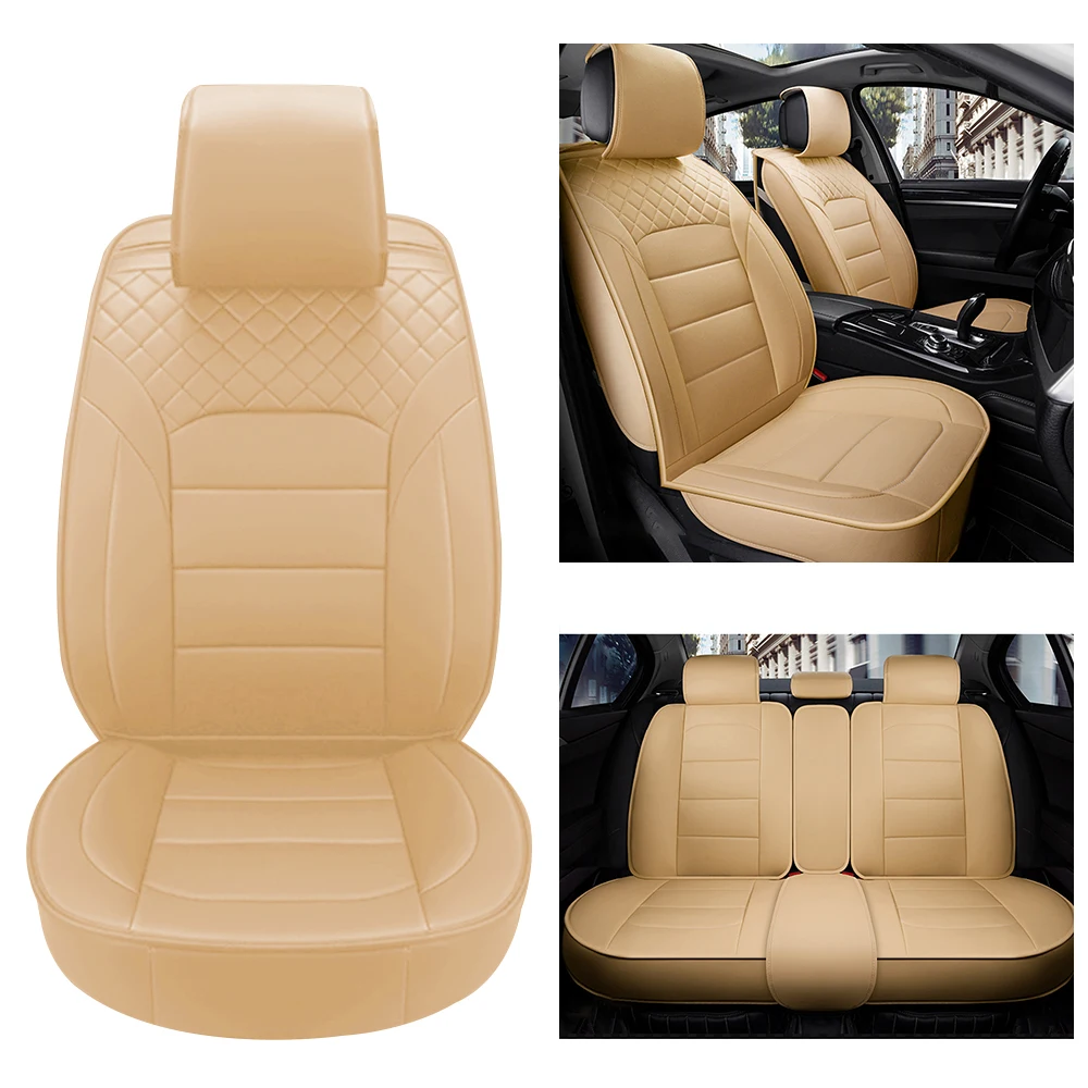 Car Seat Covers Five Seats Full Set PU Leather High Back Front and Rear Split Bench Car Seat Cover Waterproof Beige