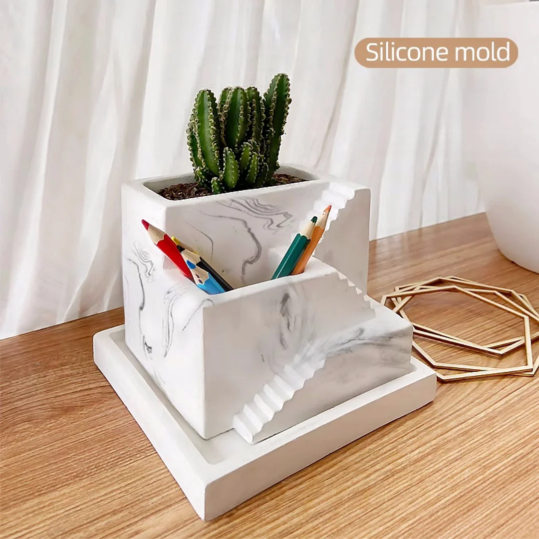 Building Stairs Cement Flowerpot Silicone Molds DIY Succulent Plant Pot Pen Holder Concrete Plaster Home Decoration Mould