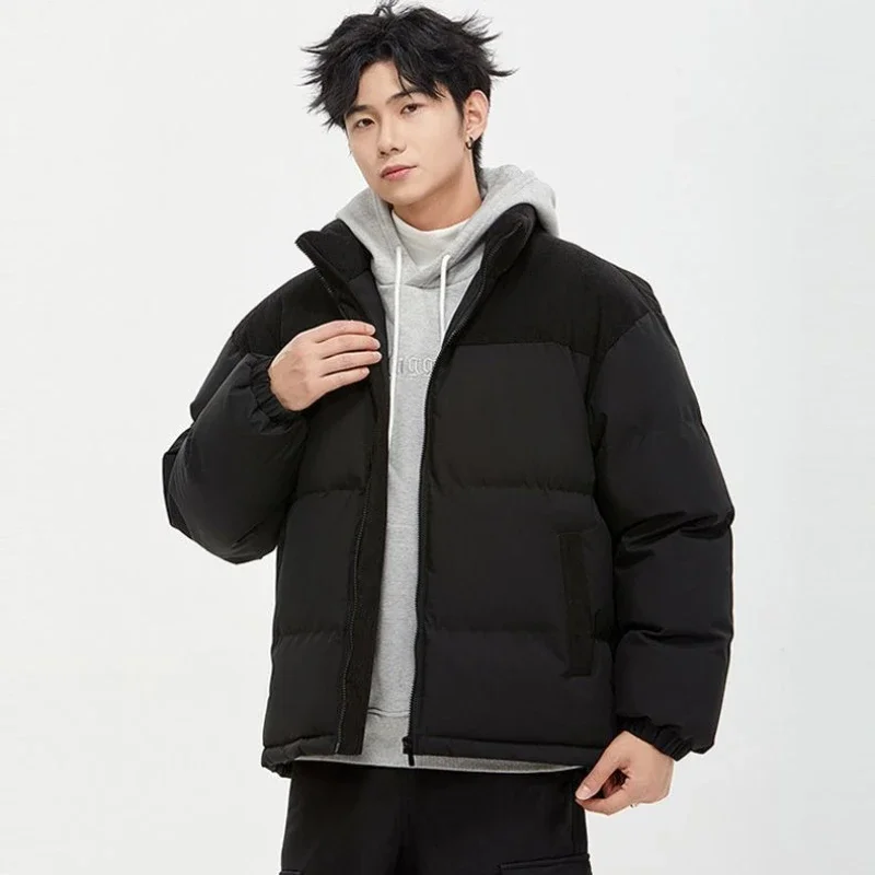 ​Men's Oversized Loose Fit Quilted Jacket Winter Couple's Solid Color Thickened Warmth All-Weather Coat with Standing Collar​
