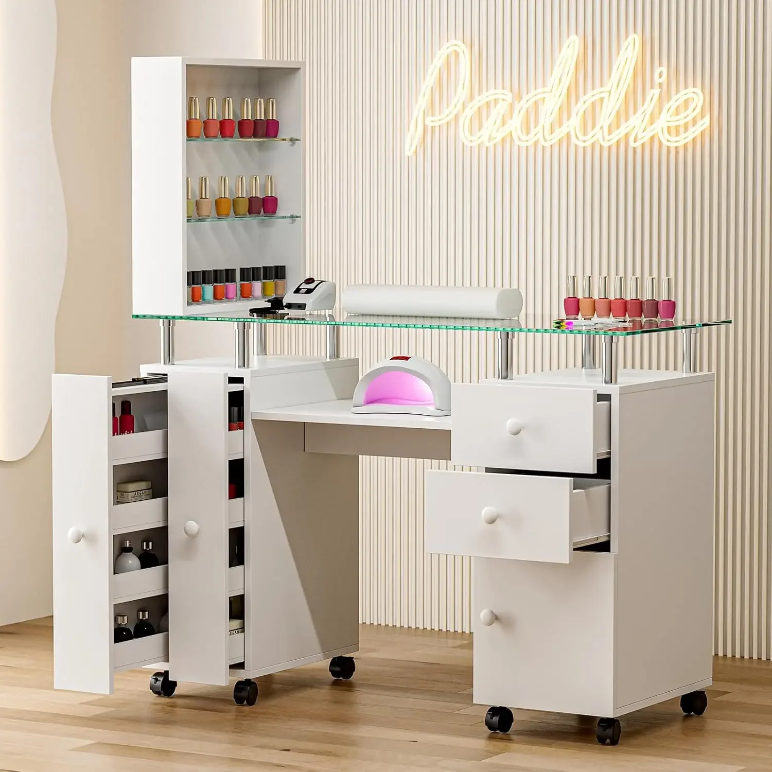 

Manicure Table, Glass Top Nail Tech Table Nail Desk Station for Tech w/Shelves, Wrist Cushion, Lockable Wheels, Storage Drawers