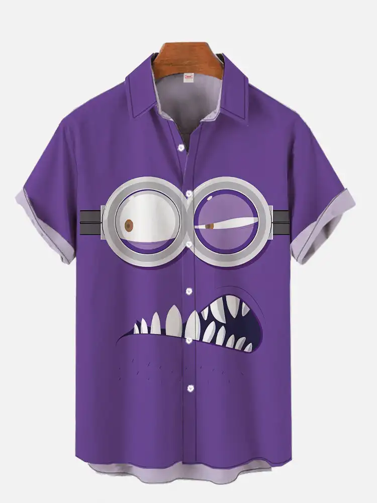 Hawaiian striped anime smiley print men's short-sleeved shirt Beach casual men's lapel top 2024 new large size men's shirt