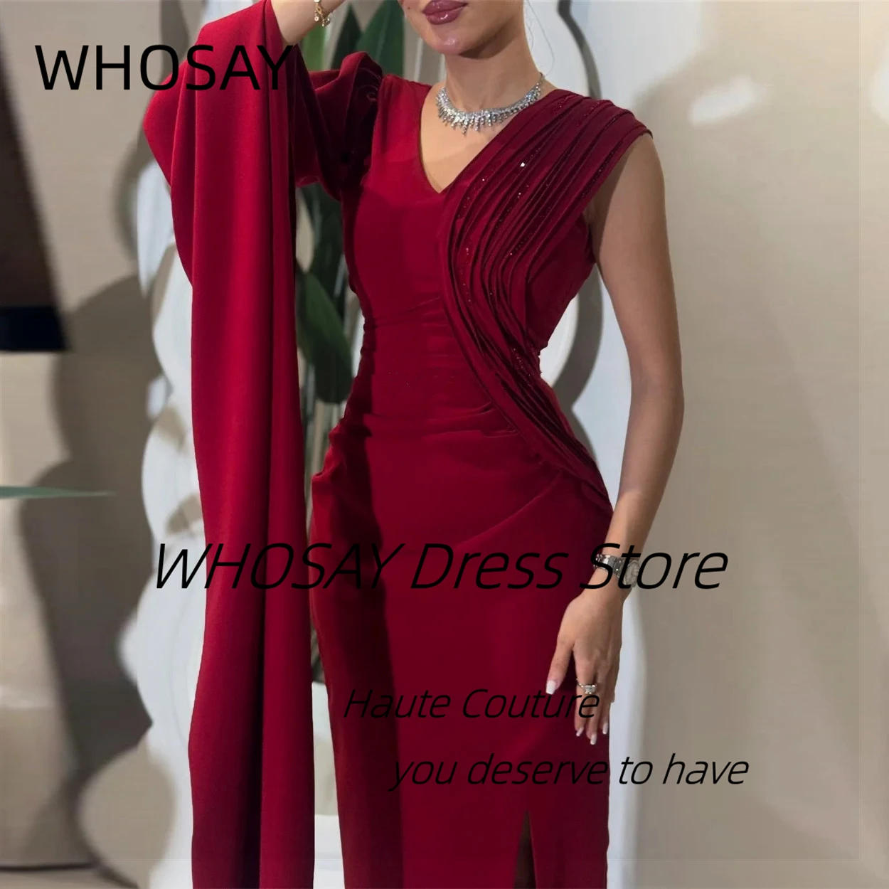 WHOSAY Side Slit Sheath Prom Dresses V Neck Ruched Beaded Long Sleeve Evening Gowns Zipper Back Saudi Party Dress Customized