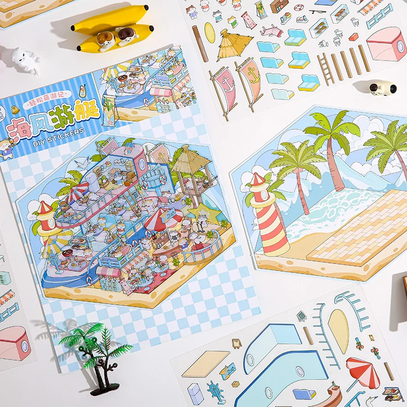 4 Pack Cute Travel Notes 3D Scrapbooking Stickers Set Large Size Landscaping PET Waterproof Scene Material Aesthetic Stickers