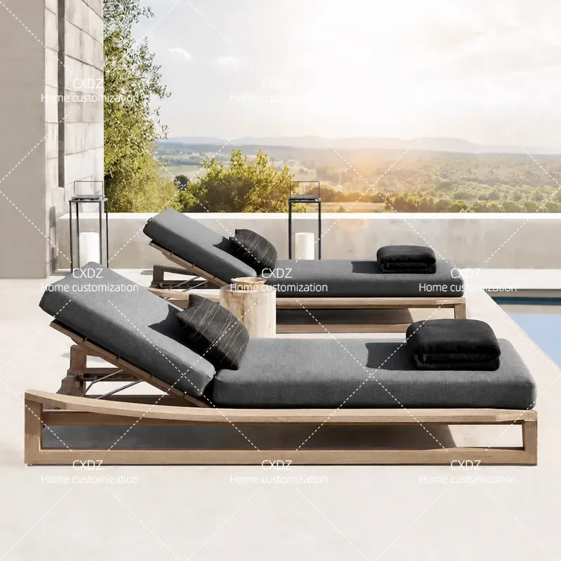 Outdoor Teak Wood Daybed for Villa Courtyard Swimming Pool Deck Garden Seaside Beach Solid Wood Lounge Chair