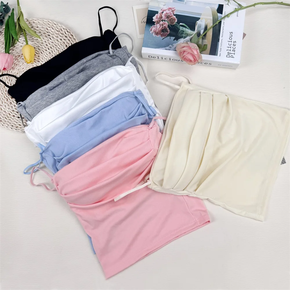 New Women Tank Tops wrinkle design Camisole with Padded Bra Korean Y2K Spicy Girls Sleeveless Tees Cropped Top Female Vest