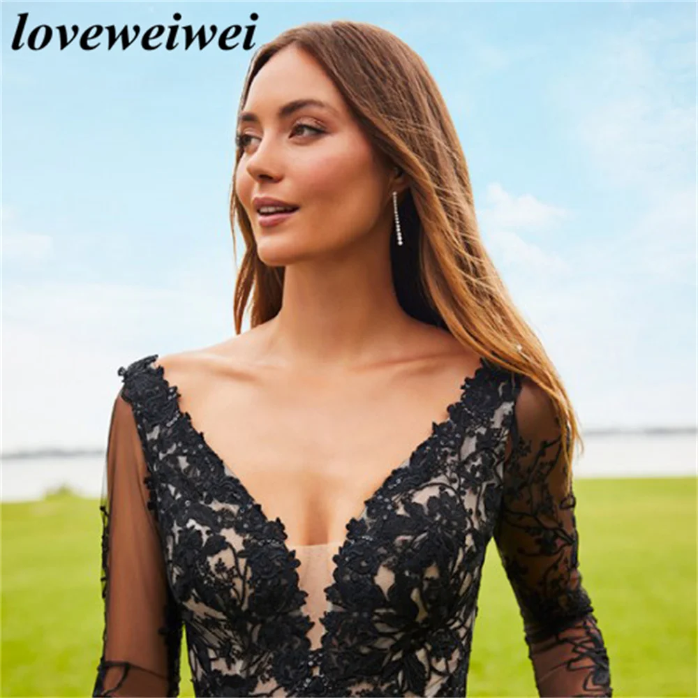 A Line Charming Wedding Dress Elegant Black Wedding Gown V Neck Lace Bridal Dress Sexy Long Sleeves Bridal Gown vestido novia