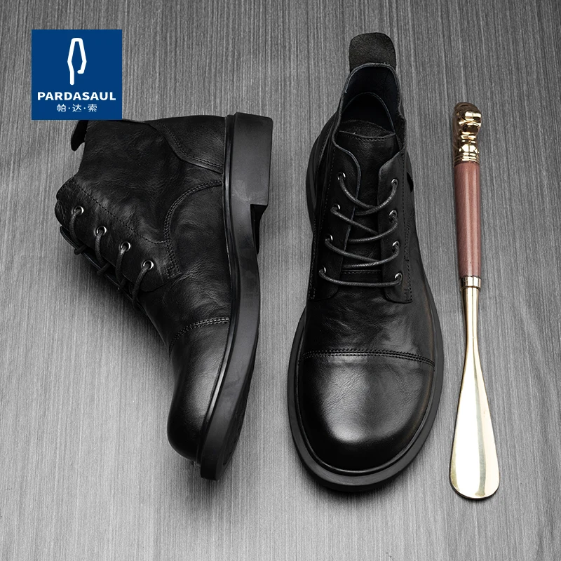 Men's round toe comfortable leather casual shoes versatile British fashion mid top men's boots 221121 - Image 4