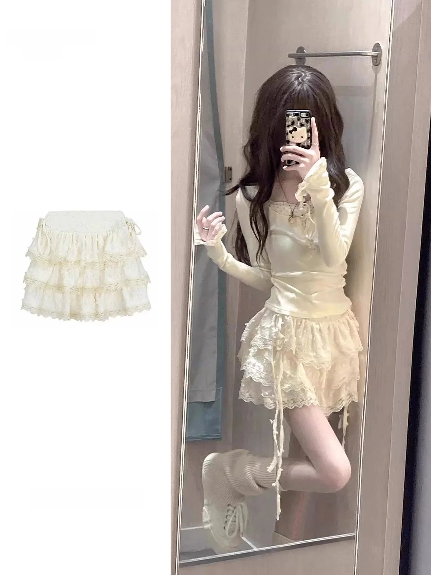 High Waist Lace Trim  Skirt Women's Spring Sweet Design Sense Creamy Fluffy Half-length Short Skirt Spicy Girl Pure Desir...