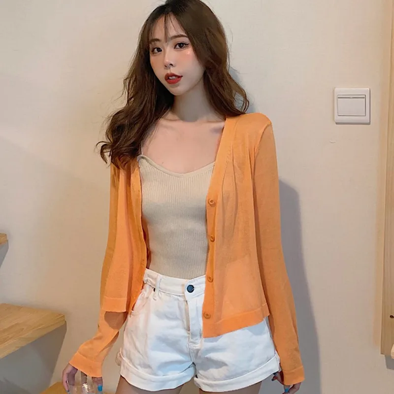 Women\'s V-Neck Single Breasted Casual Knitted Long-Sleeved Thin Sumemr Cardigan Fashion Solid Color Sun-Proof Shirt All-Match