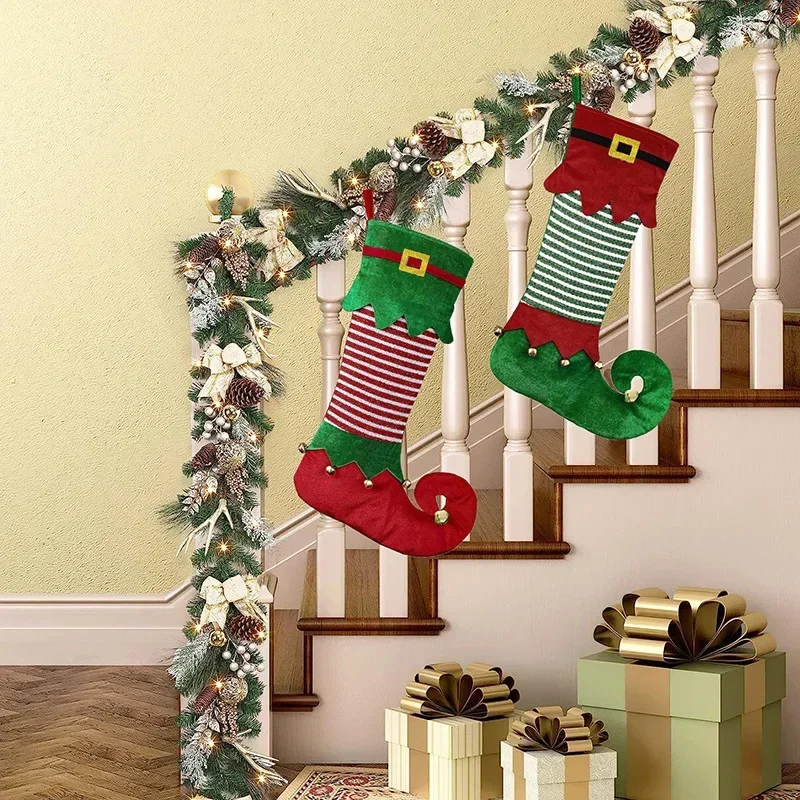 2024 Christmas Socks Elf Socks Christmas Decoration Ornaments Large Christmas Socks Gift Bag Pendant Home Fireplace Decoration