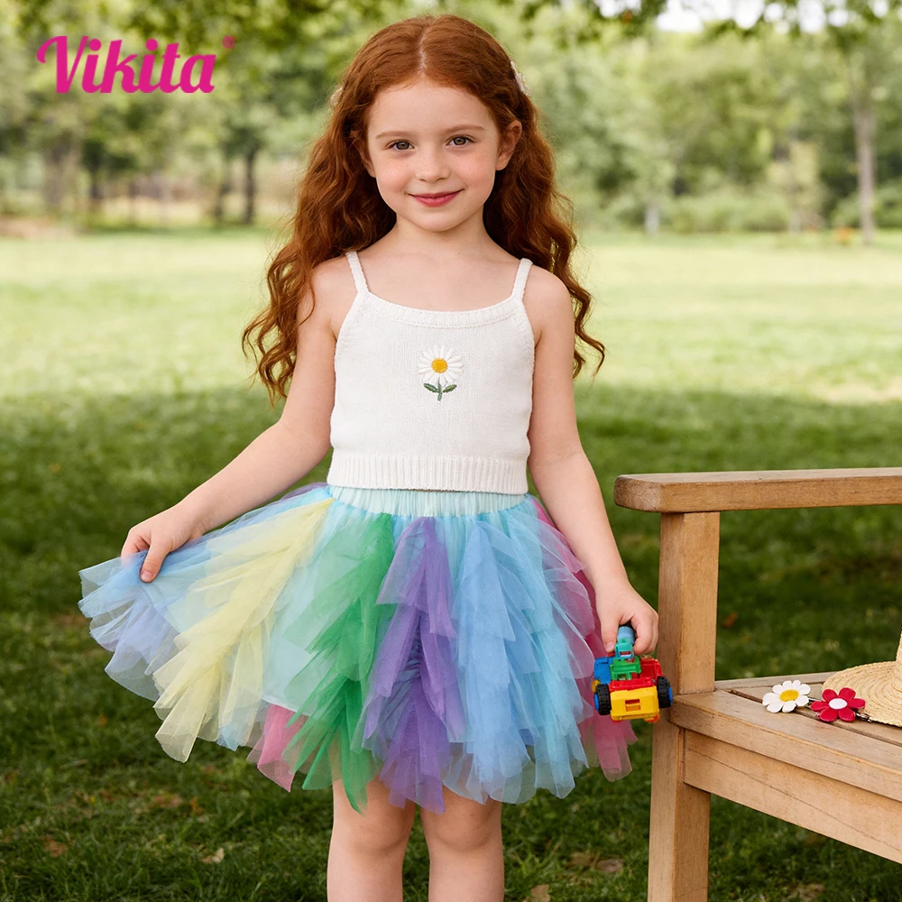 Jupes de danse tutu superposées en tulle et maille pour filles VIKITA, motif dégradé arc-en-ciel multicolore pastel, style irrégulier, pour enfants
