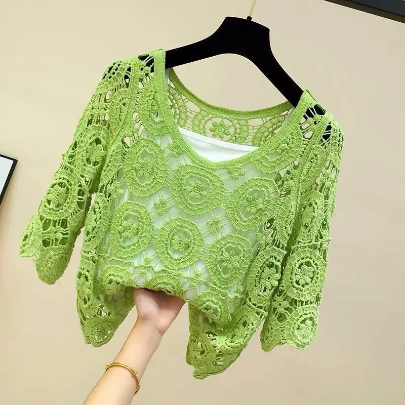 

Female New Knitted Sweater Women's Sweaters Hollow Out Design O-Neck Pullover Casual Knitted Top Thin Oversized Sweater Q265