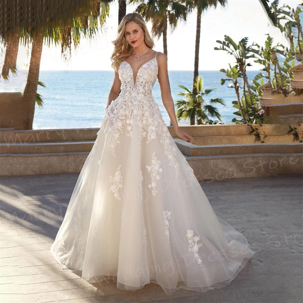 Vestidos de casamento linha A para mulheres, vestidos de noiva sem mangas, sem costas, rendas clássicas, apliques requintados e charmosos