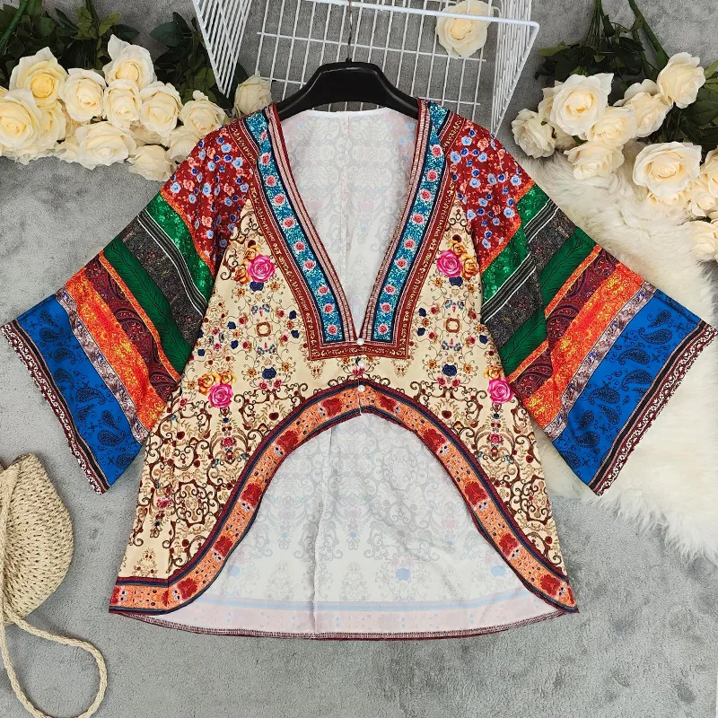 2025 Nieuwe herfst dames bedrukte V-hals losse casual blouse shirt mode tops voor dames