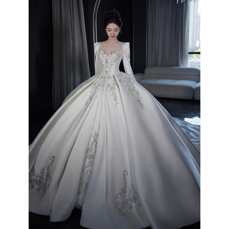 Wedding dress long sleeve satin lace bridal long maxi dresses high-end plus size vintage gown h2993