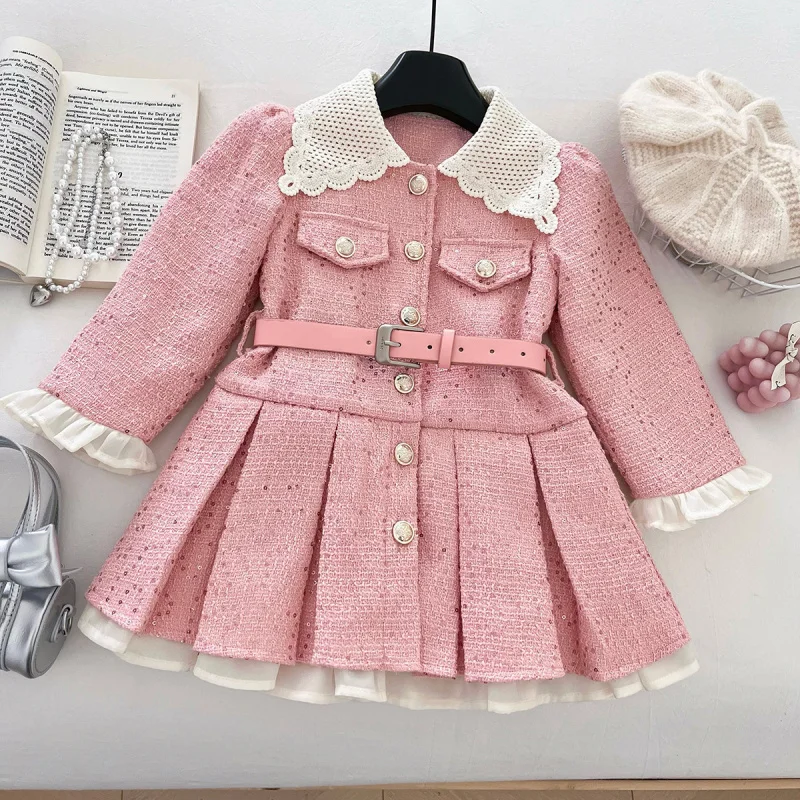 

Winter Children's Clothing New Girls' Dress Coat Fleece Pink Lace Collar Princess Dress for Girls