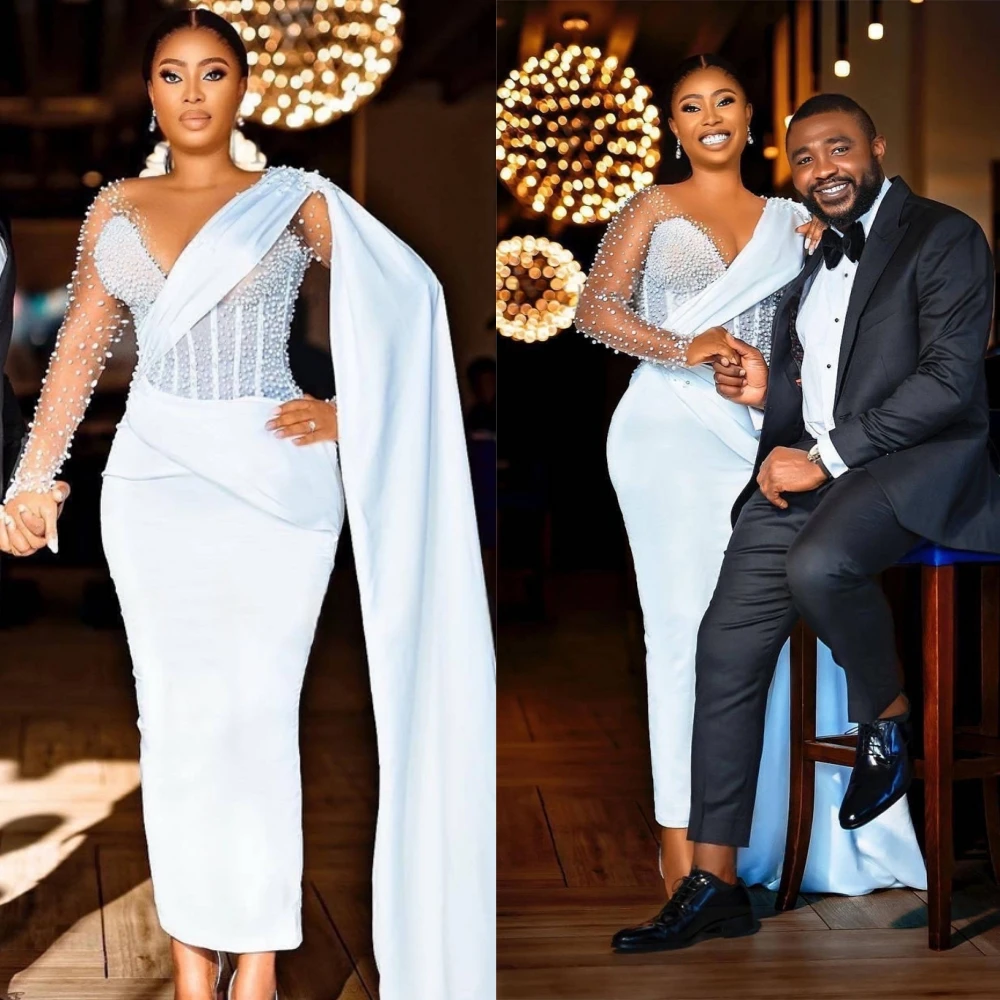 

Customized High Quality White Jersey Evening Dress Delicate V-Neck Long Sleeves Cocktail Dress Classic Special Occasion Gowns