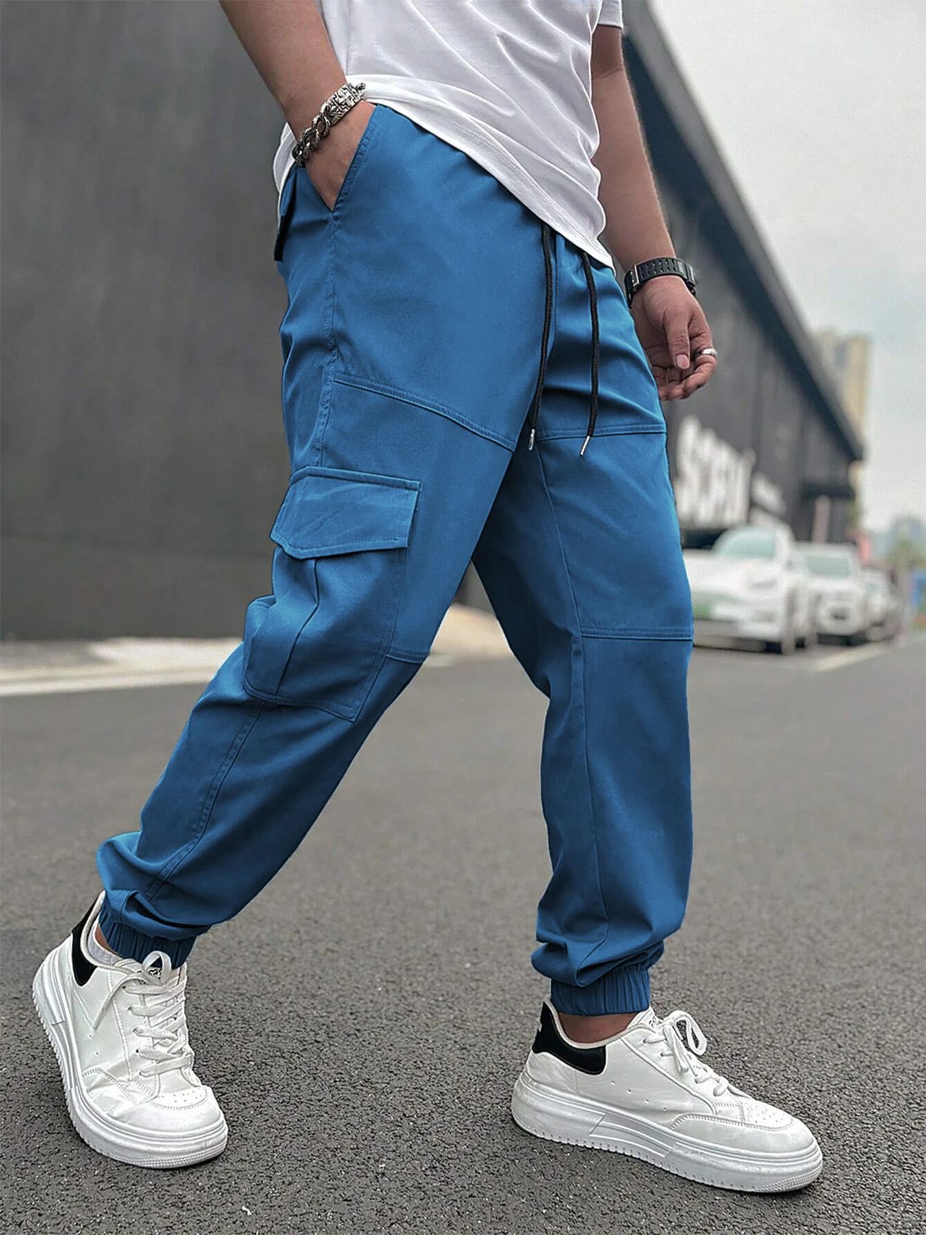 

Мужские свободные брюки-карго, однотонные, с завязками на талии, прямые брюки, повседневные рабочие брюки с карманами