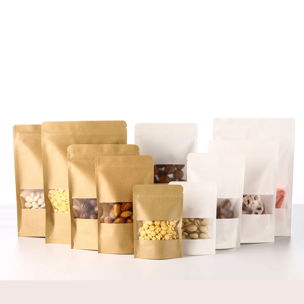 100 Stück Ziplock-Verpackungsbeutel Kraftpapier-Standbeutel mit Fenster Reißverschluss-Verpackungsbeutel für Kleinunternehmen – Detail 1