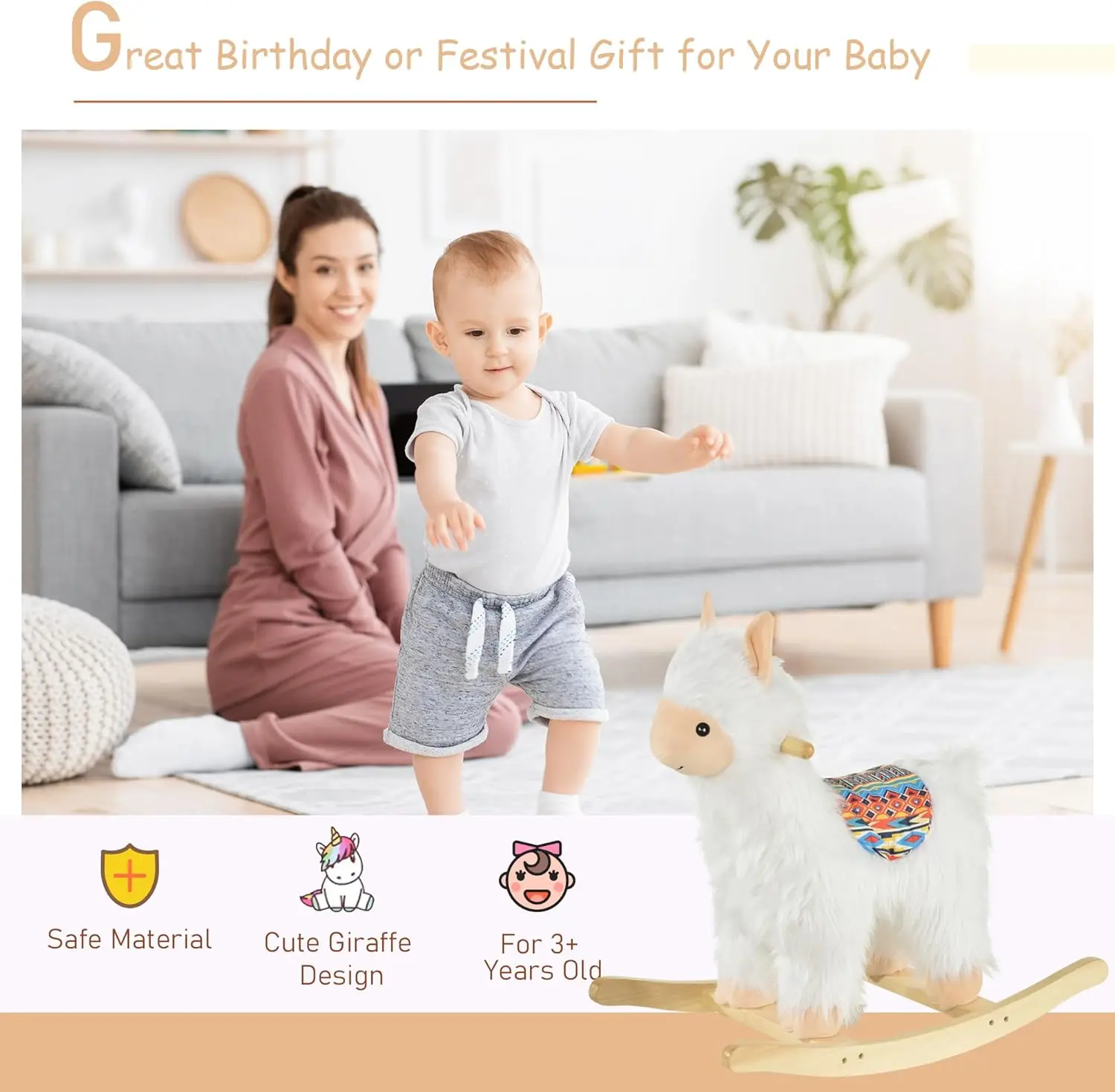 Kids Ride-On Rocking Horse Toy Llama Style Rocker Soft Plush Fabric for Children 3+ Years