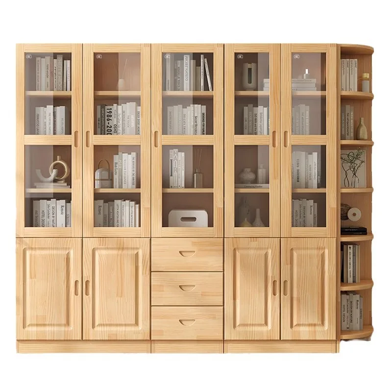 

Solid wood bookcase, bookshelf combination, living room with glass door floor locker, simple display large-capacity book cabinet