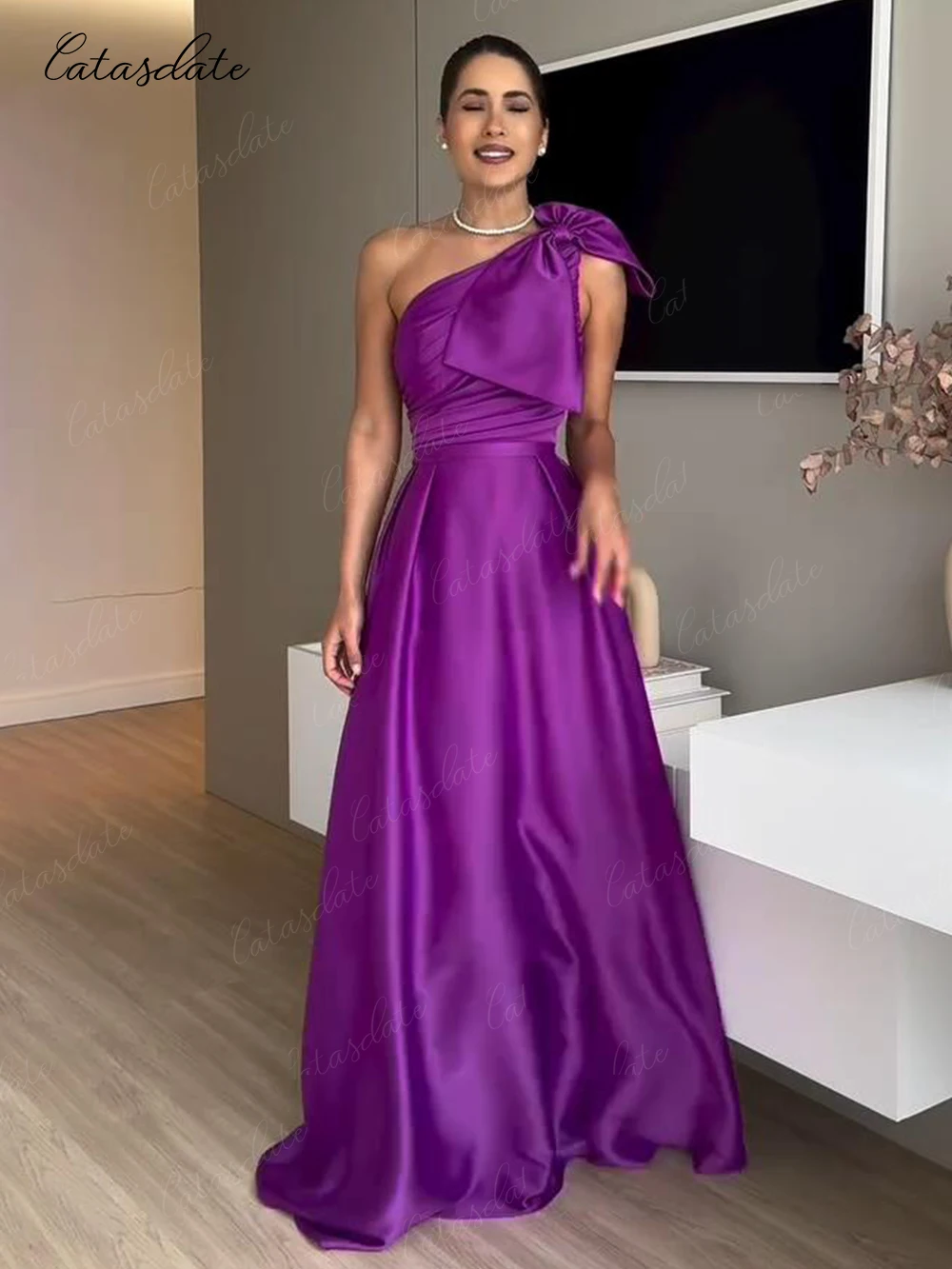 

Catasdate One Shoulder Long Evening Party Dresses Formal Dresses for Wedding Guest Satin Guest Women's Wedding Dress vestidos