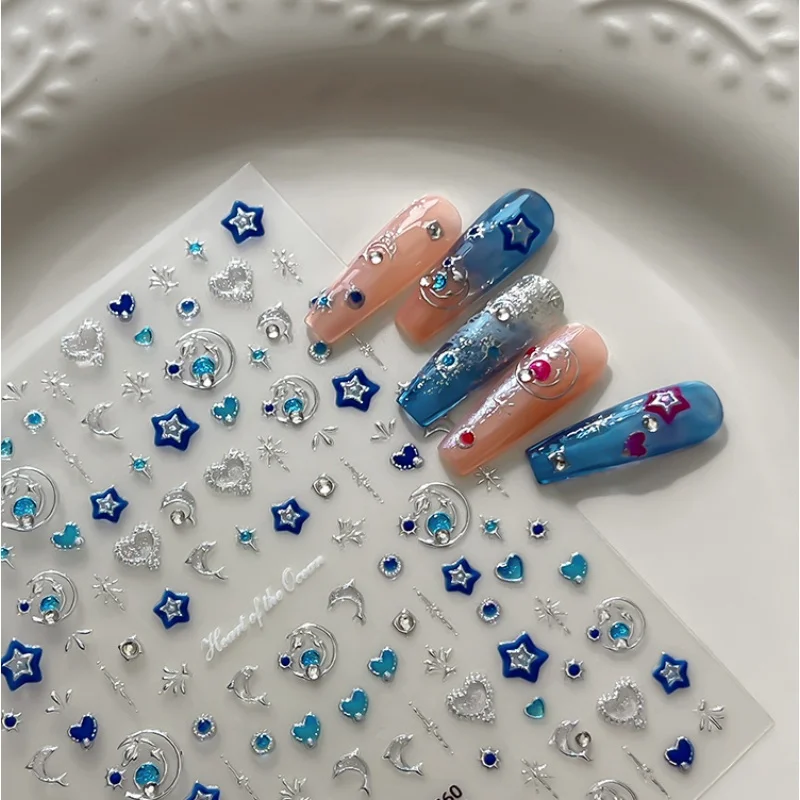 

Summer Ocean Series Nail Stickers Bright Diamond Stars Heart Dolphin Pattern Design Self Adhesive Nail Decoration Stickers DIY