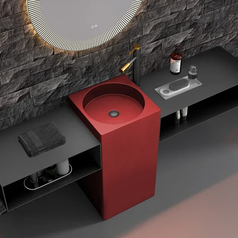 Red Metal Stainless Steel Pedestal Basin Column Type Washbasin Pool Vertical Integrated Floor Type