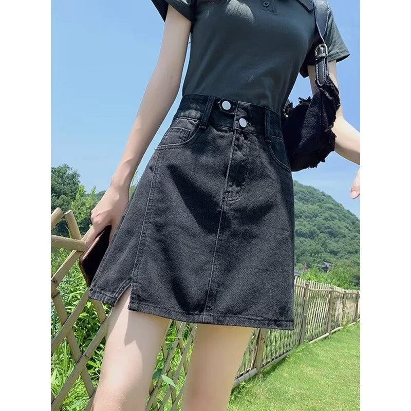 Cowboy short skirt for women in summer, hot girl with high waist and slimming effect, A-line half skirt, versatile hip hugging s