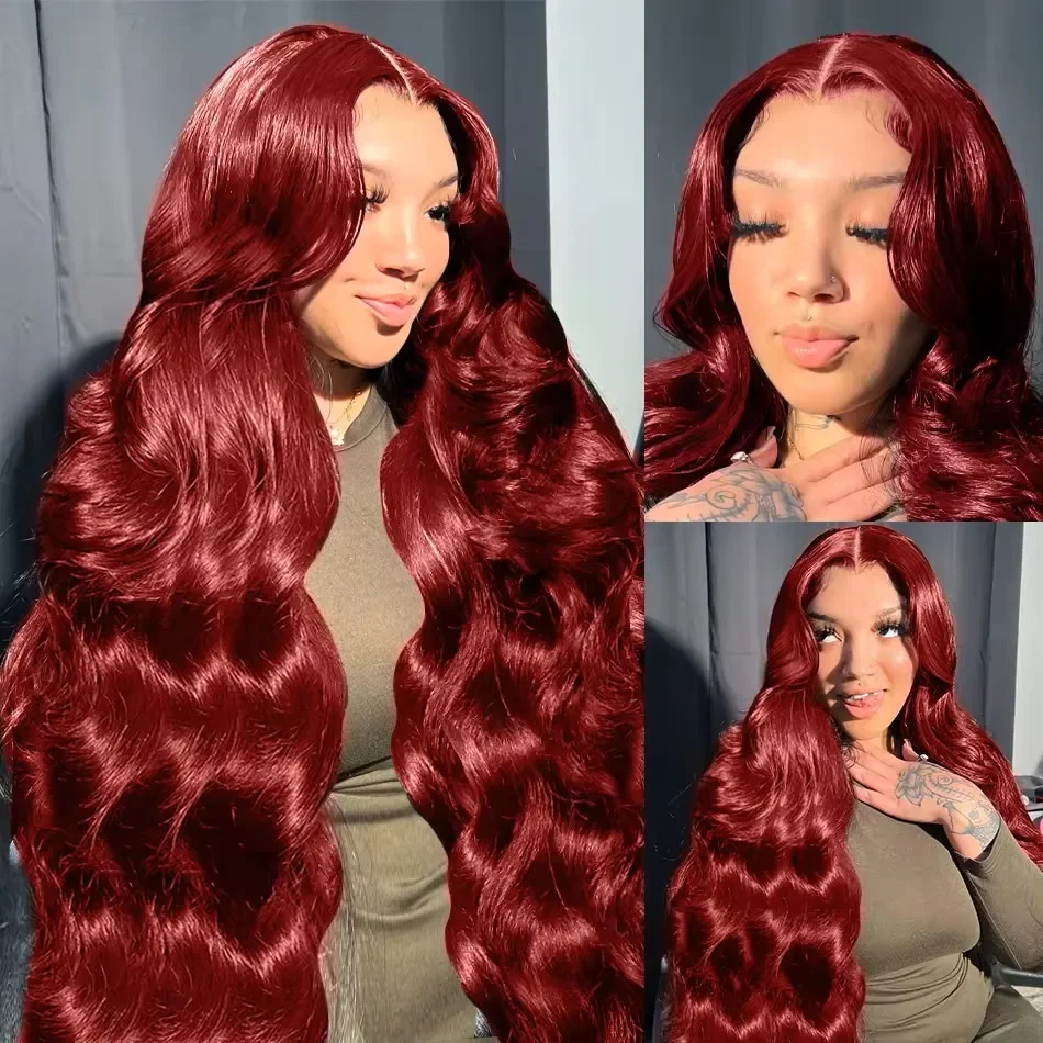 Perruque Lace Front Wig naturelle, cheveux humains, couleur bordeaux 99j, 13x6, pre-plucked, transparent, Body Wave, densité 200%