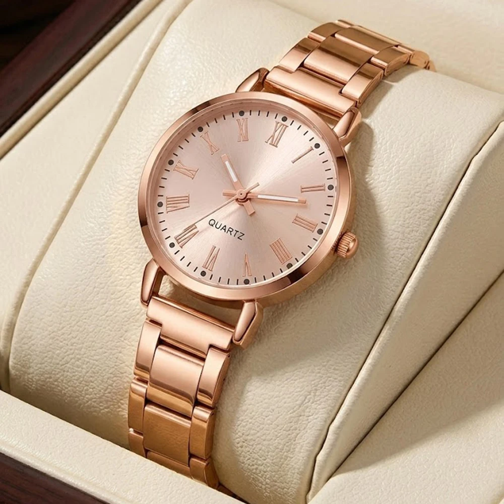 4Pcs/Set Unisex Jewelry Watches Women's Wristwatch Accessories Rose Gold Trendy Fashionable Elegant Classic Exquisite Light Luxury Simple Luxurious Quartz Watch Set Y2K Suitable for Travel, Parties, Daily Outfits, Perfect Birthday and Holiday Gifts