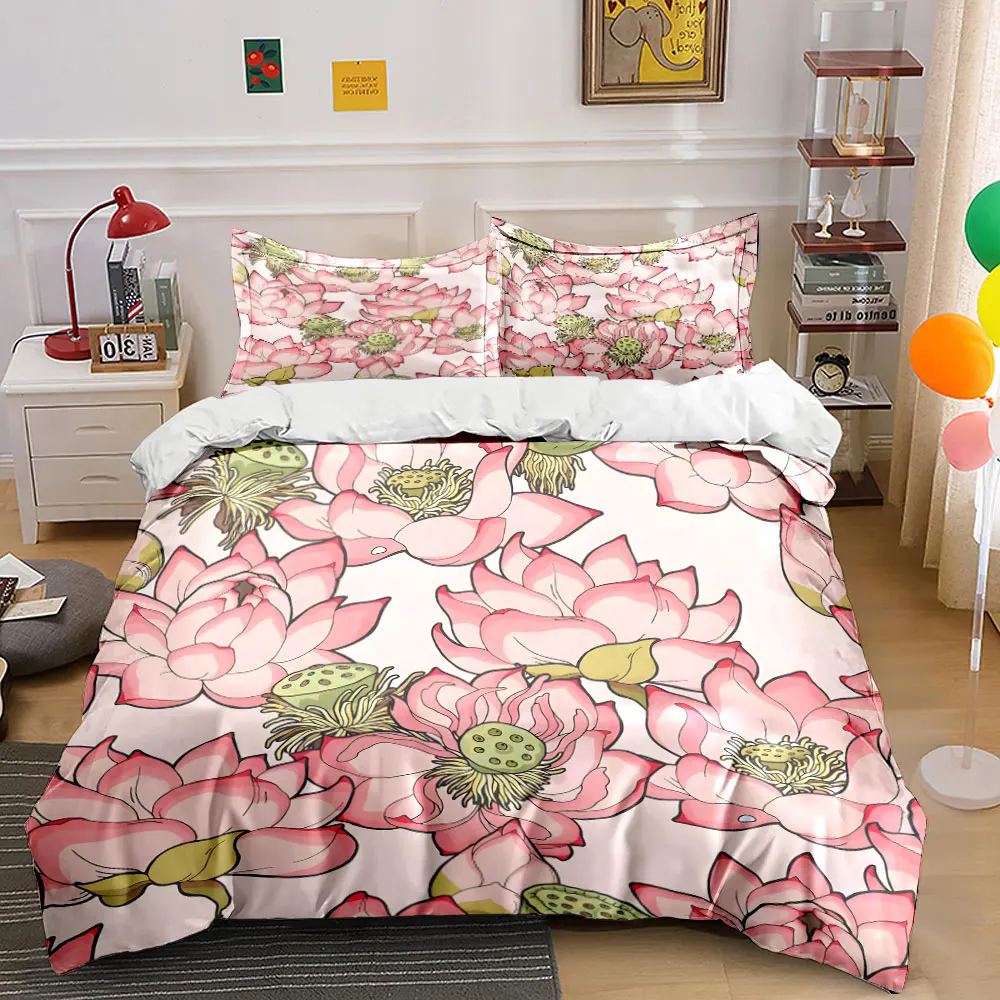 Pink lotus petals pattern Printed Duvet Cover Set1 Duvet Cover+2 PillowcaseMulti Size Bedroom Bedding Decor Luxury gifts