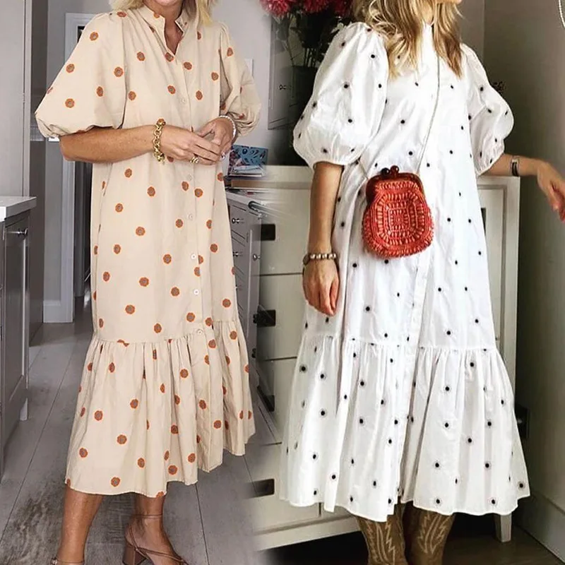 Summer Womens Casual Polka Dot Printed Stand Collar Mid-sleeved Shirt Dress For Womens Outdoor Beach Vacation Style A-line Dress