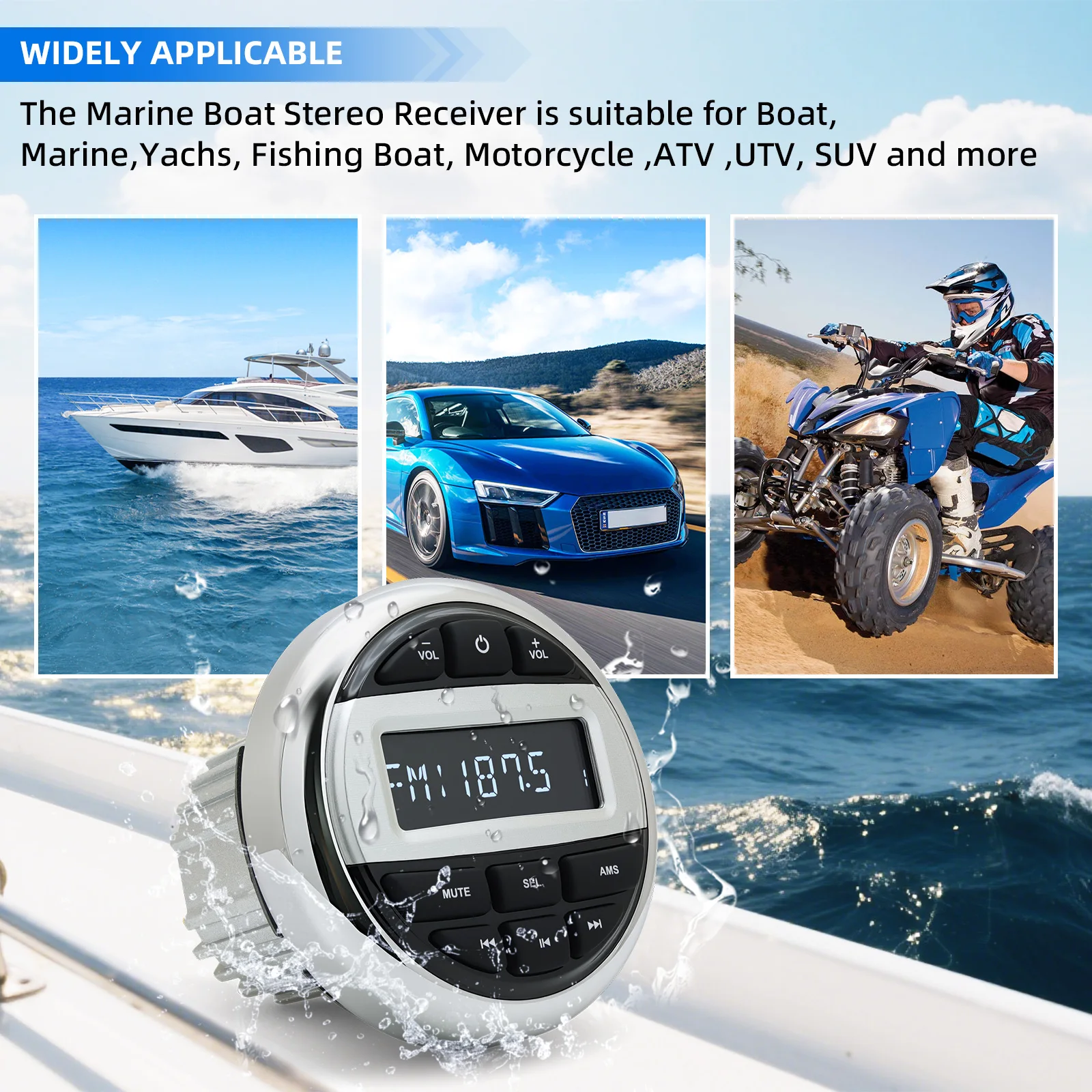 Reproductor estéreo de Radio para barco QC, reproductor multimedia Digital FM AM resistente al agua IPX5 para medidor de yate, ATV, UTV, carrito y motocicleta