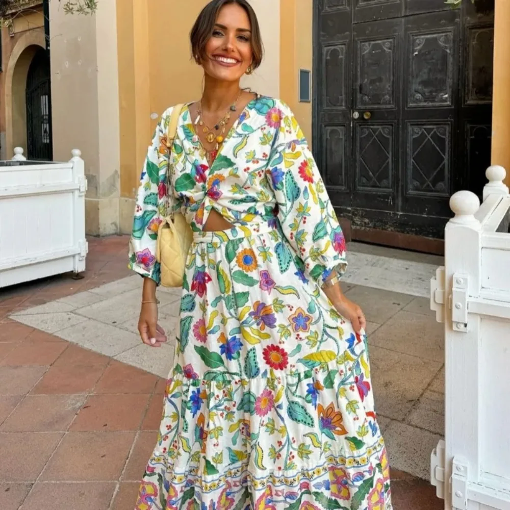 

Elegant Printed Dress Women Fashion Hollow Out Floral Summer Vacation Long Dresses 2024 Long Sleeve Prairie Chic Lady Vestidos
