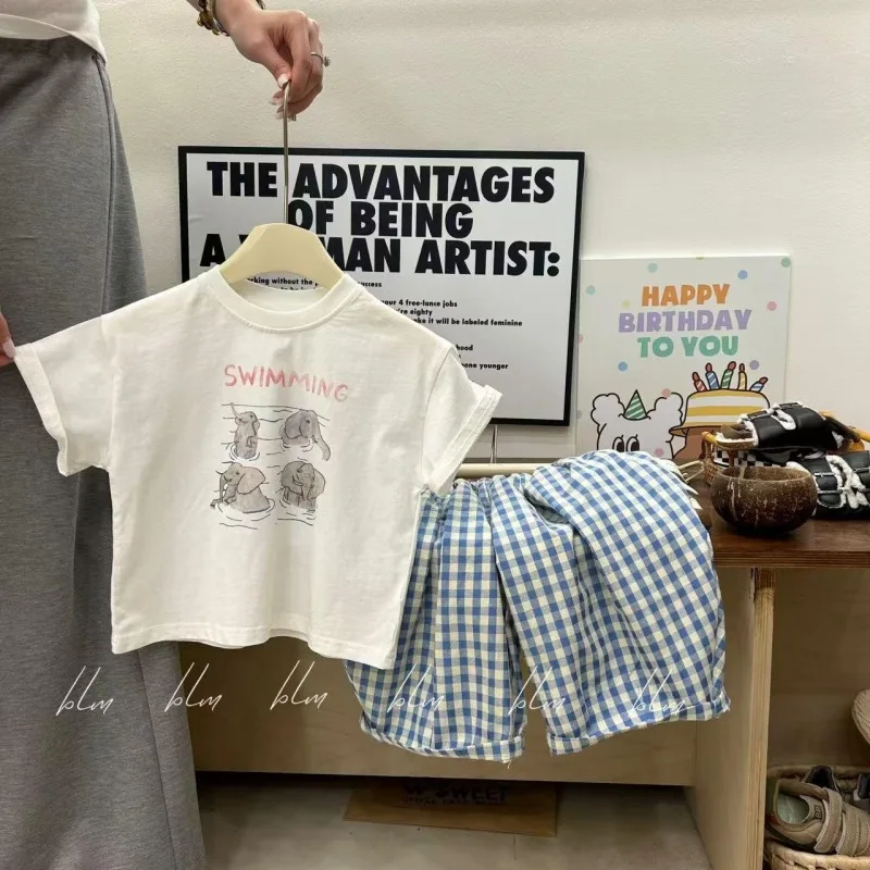 

Summer new style boys' elephant print crew neckTTrendy Two-Piece Set: Short Sleeve Cotton Plaid Loose Long Pants