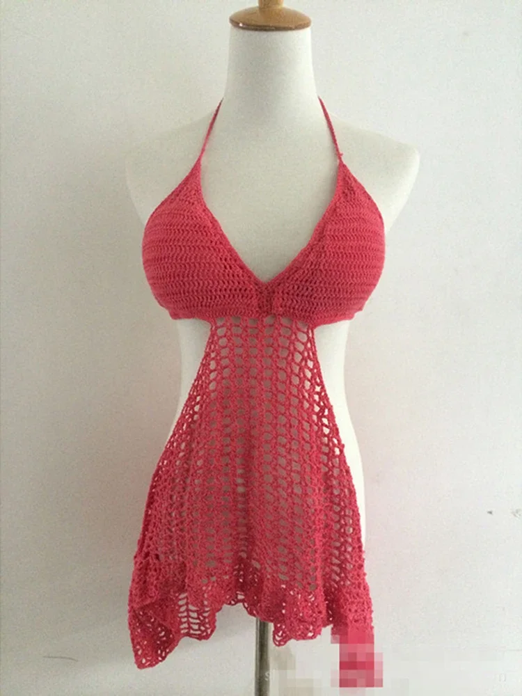 New Beach Dress Women's Bikini Cover-Ups Knitted Cover-Up Dress Lace-Up Sexy Backless Hollow Out Crochet Summer New Beachwear